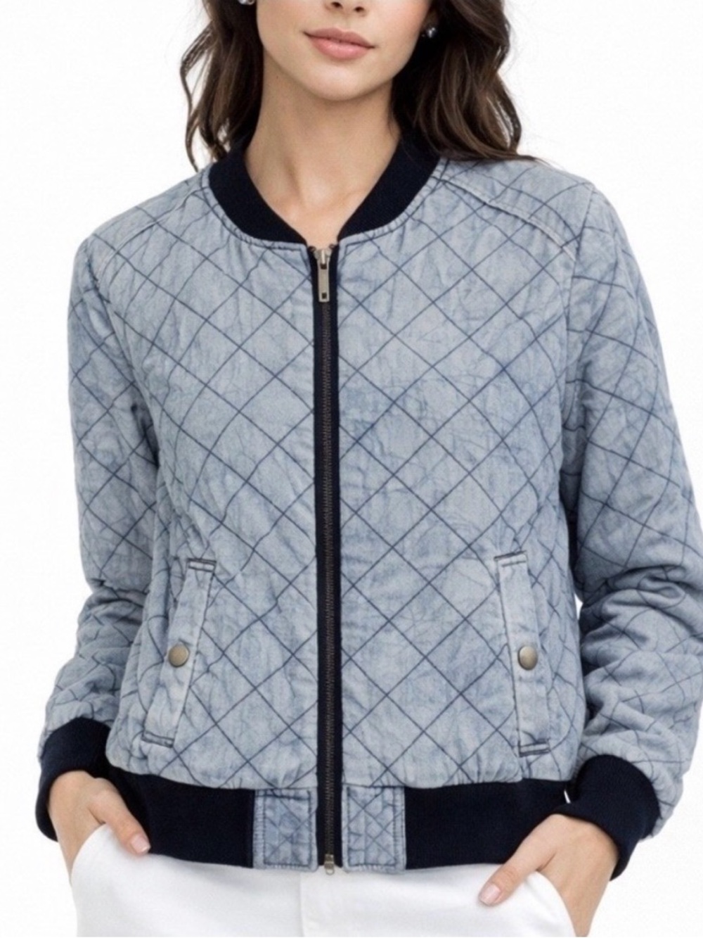 Ashley By 26 International Light Blue Quilted Bomber Jacket with Navy Trim